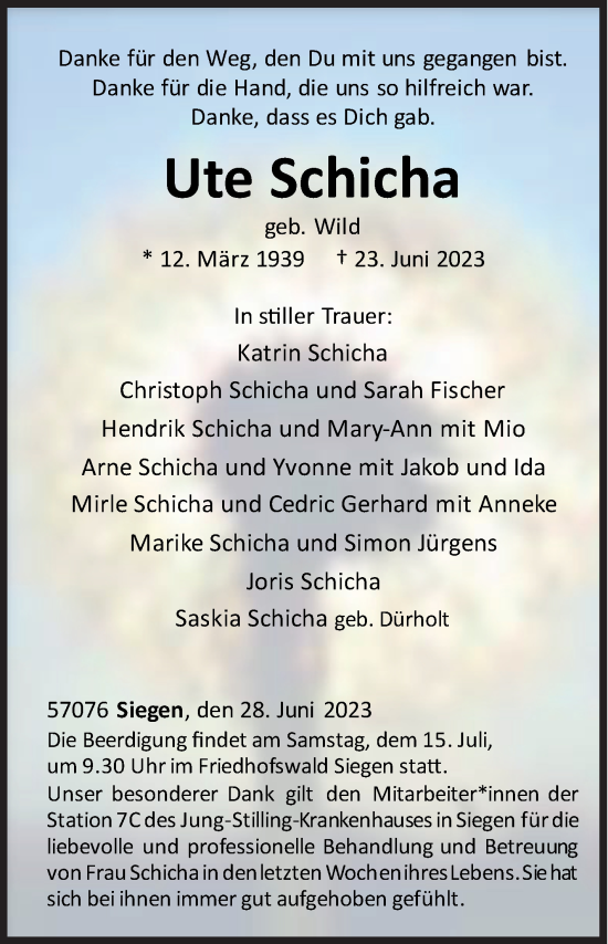Traueranzeige von Ute Schicha von Siegener Zeitung