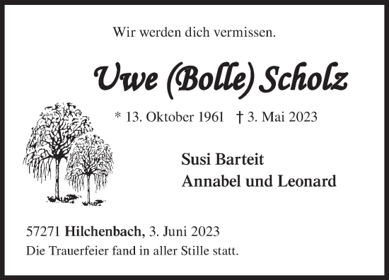 Traueranzeige von Uwe Scholz von Siegener Zeitung