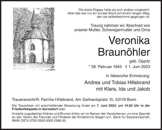 Traueranzeige von Veronika Braunöhler von Siegener Zeitung