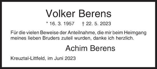 Traueranzeige von Volker Berens von Siegener Zeitung