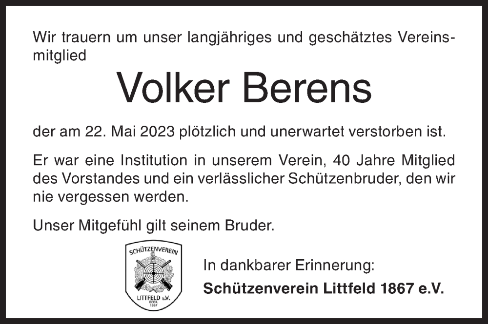  Traueranzeige für Volker Berens vom 01.06.2023 aus Siegener Zeitung