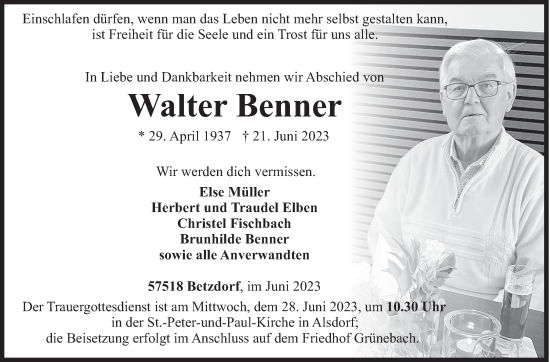 Traueranzeige von Walter Benner von Siegener Zeitung