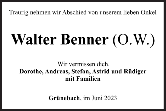 Traueranzeige von Walter Benner von Siegener Zeitung