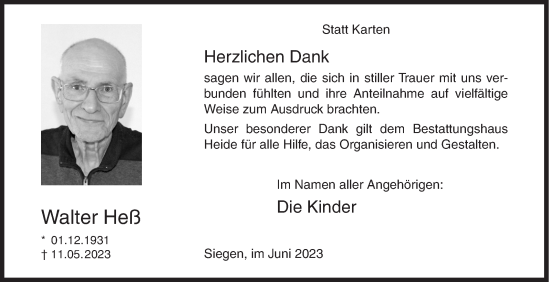 Traueranzeige von Walter Heß von Siegener Zeitung