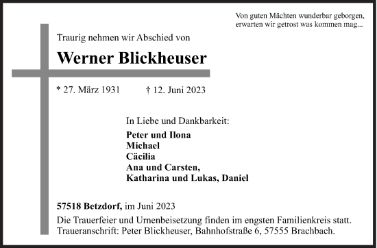 Traueranzeige von Werner Blickheuser von Siegener Zeitung