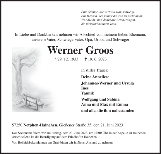 Traueranzeige von Werner Groos von Siegener Zeitung