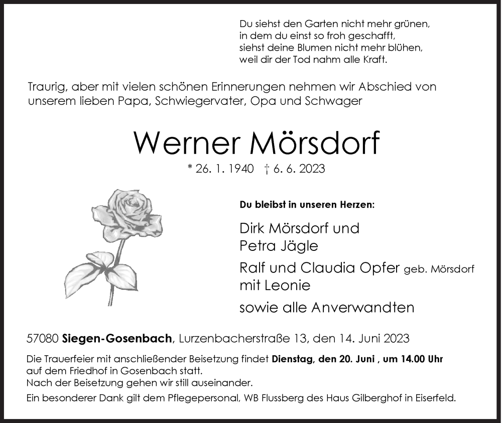  Traueranzeige für Werner Mörsdorf vom 14.06.2023 aus Siegener Zeitung