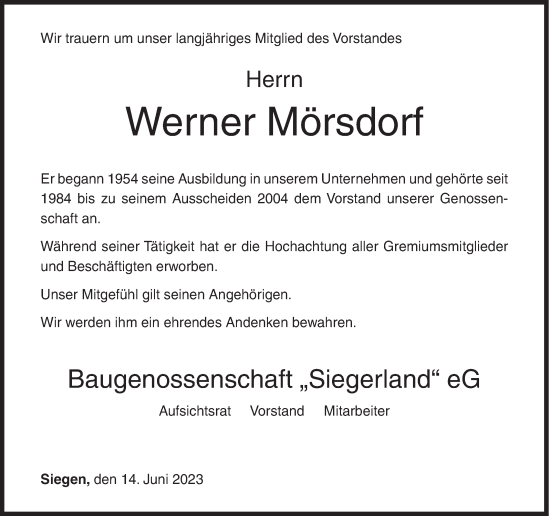 Traueranzeige von Werner Mörsdorf von Siegener Zeitung