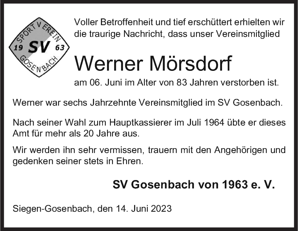  Traueranzeige für Werner Mörsdorf vom 14.06.2023 aus Siegener Zeitung