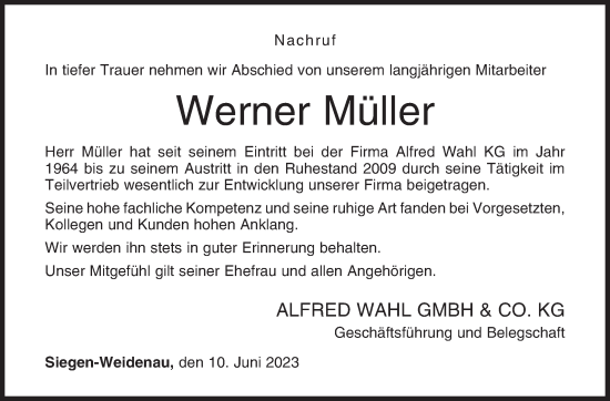Traueranzeige von Werner Müller von Siegener Zeitung