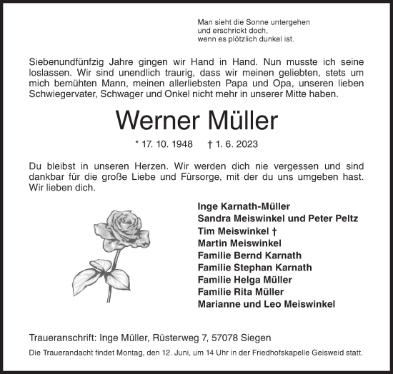 Traueranzeige von Werner Müller von Siegener Zeitung