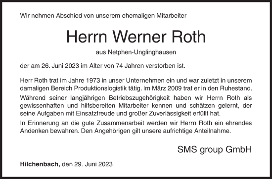 Traueranzeige von Werner Roth von Siegener Zeitung