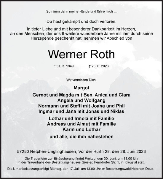 Traueranzeige von Werner Roth von Siegener Zeitung