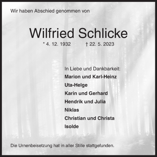 Traueranzeige von Wilfried Schlicke von Siegener Zeitung