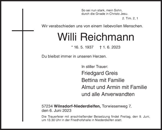 Traueranzeige von Willi Reichmann von Siegener Zeitung