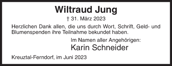 Traueranzeige von Wiltraud Jung von Siegener Zeitung
