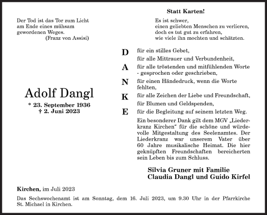 Traueranzeige von Adolf Dangl von Siegener Zeitung