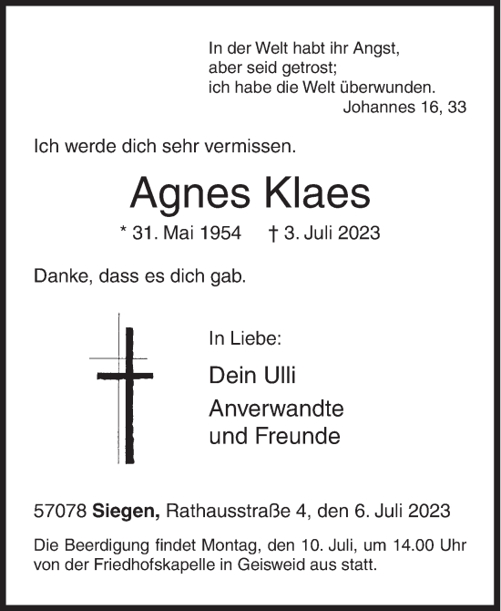 Traueranzeige von Agnes Klaes von Siegener Zeitung