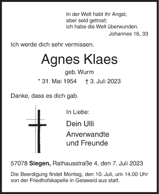 Traueranzeige von Agnes Klaes von Siegener Zeitung