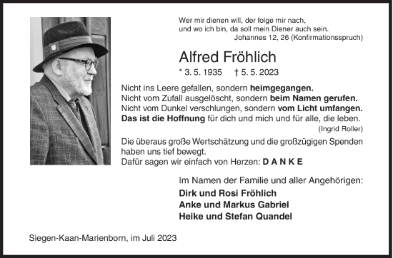 Traueranzeige von Alfred Fröhlich von Siegener Zeitung