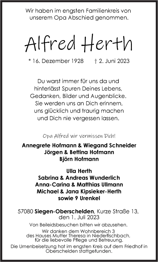 Traueranzeige von Alfred Herth von Siegener Zeitung