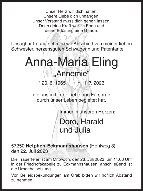 Traueranzeige von Anna-Maria Eling von Siegener Zeitung