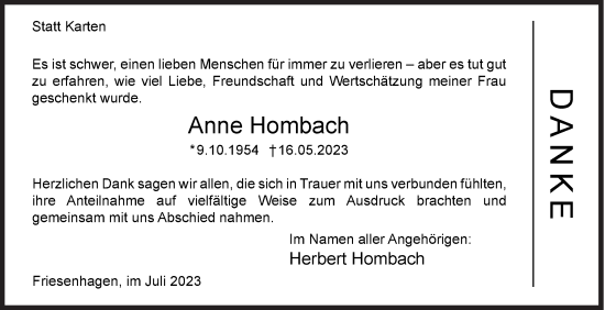 Traueranzeige von Anne Hombach von Siegener Zeitung