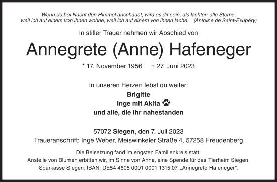 Traueranzeige von Annegrete  Hafeneger von Siegener Zeitung