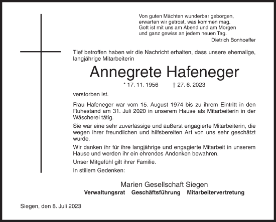Traueranzeige von Annegrete  Hafeneger von Siegener Zeitung