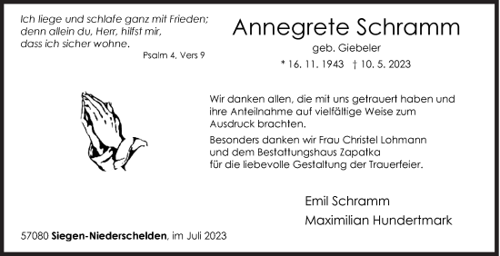 Traueranzeige von Annegrete Schramm von Siegener Zeitung