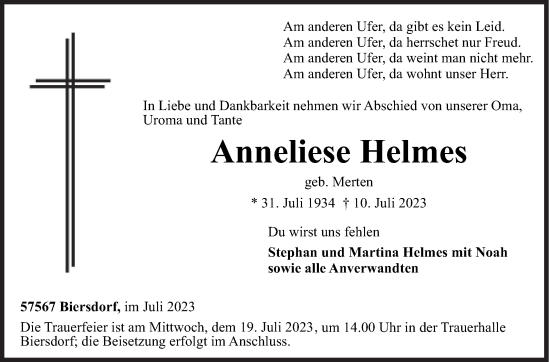 Traueranzeige von Anneliese Helmes von Siegener Zeitung