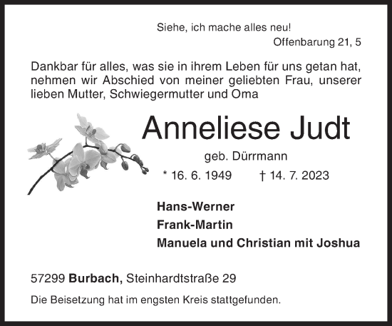 Traueranzeige von Anneliese Judt von Siegener Zeitung