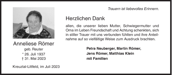 Traueranzeige von Anneliese Römer von Siegener Zeitung