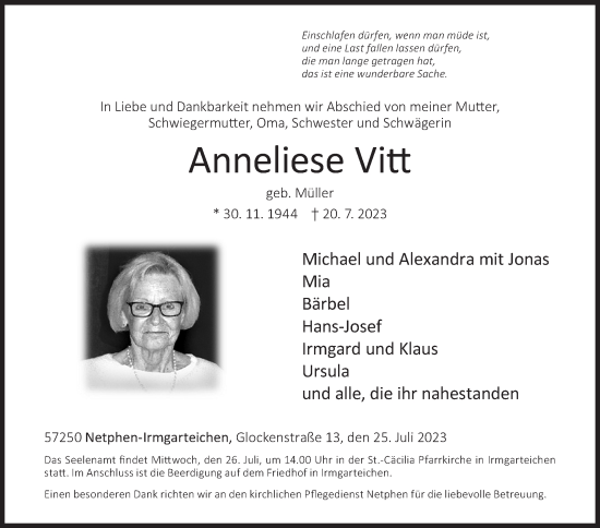 Traueranzeige von Anneliese Vitt von Siegener Zeitung