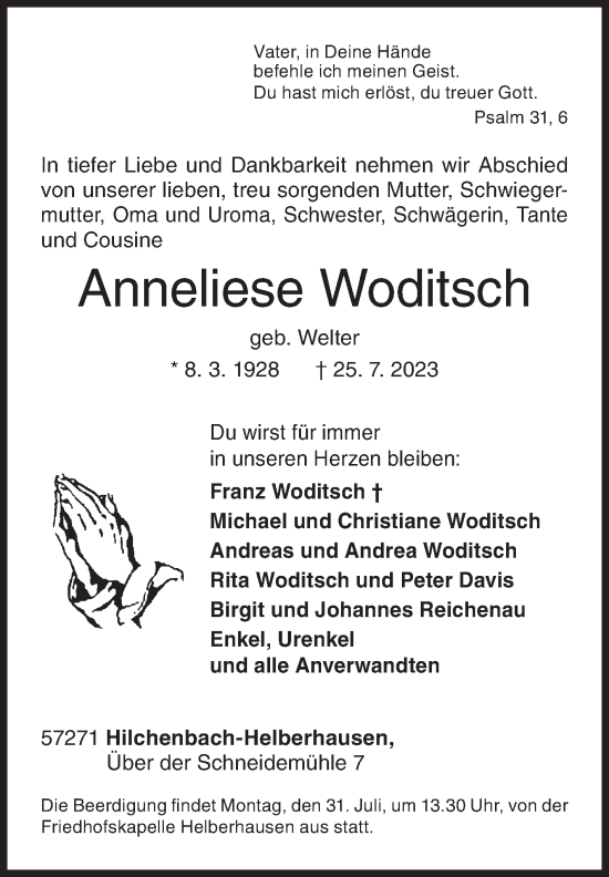 Traueranzeige von Anneliese Woditsch von Siegener Zeitung