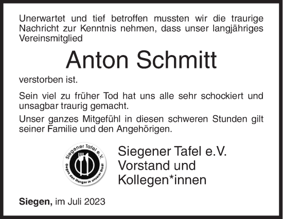 Traueranzeige von Anton Schmitt von Siegener Zeitung