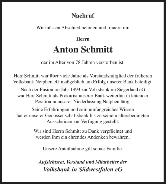 Traueranzeige von Anton Schmitt von Siegener Zeitung