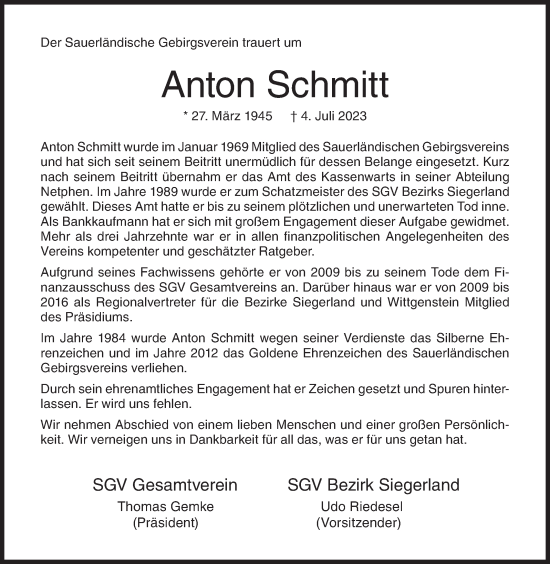 Traueranzeige von Anton Schmitt von Siegener Zeitung