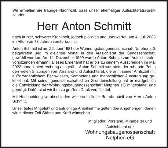 Traueranzeige von Anton Schmitt von Siegener Zeitung