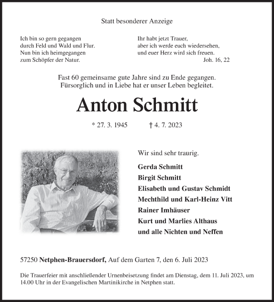 Traueranzeige von Anton Schmitt von Siegener Zeitung