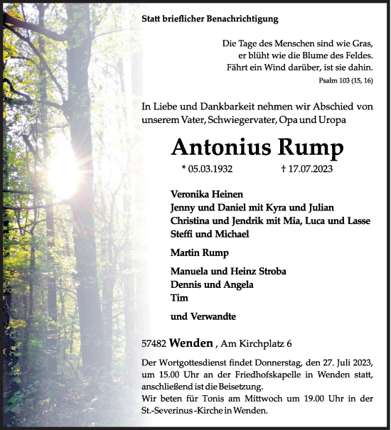 Traueranzeige von Antonius Rump von Siegener Zeitung