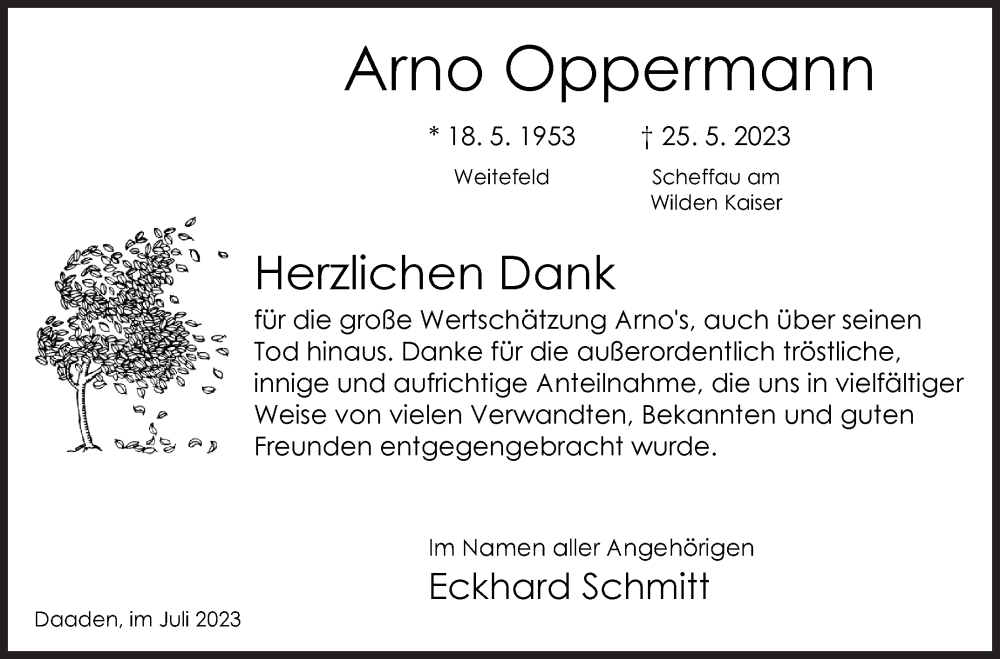  Traueranzeige für Arno Oppermann vom 08.07.2023 aus Siegener Zeitung