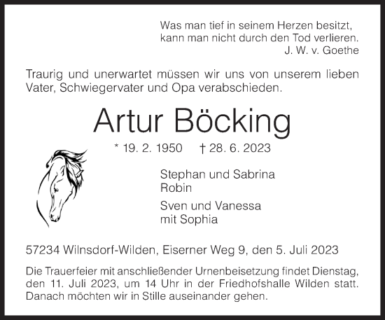 Traueranzeige von Artur Böcking von Siegener Zeitung