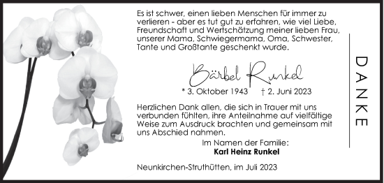 Traueranzeige von Bärbel Runkel von Siegener Zeitung