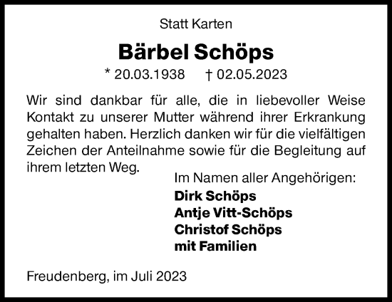 Traueranzeige von Bärbel Schöps von Siegener Zeitung