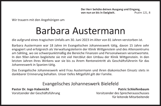 Traueranzeige von Barbara Austermann von Siegener Zeitung