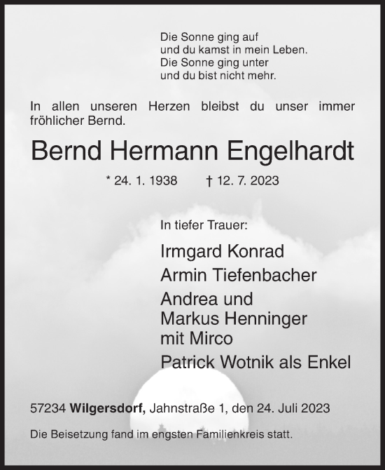 Traueranzeige von Bernd Engelhardt von Siegener Zeitung