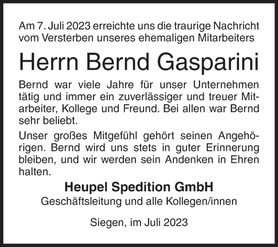 Traueranzeige von Bernd Gasparini von Siegener Zeitung