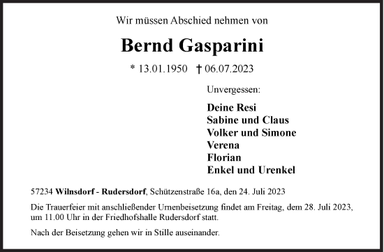Traueranzeige von Bernd Gasparini von Siegener Zeitung