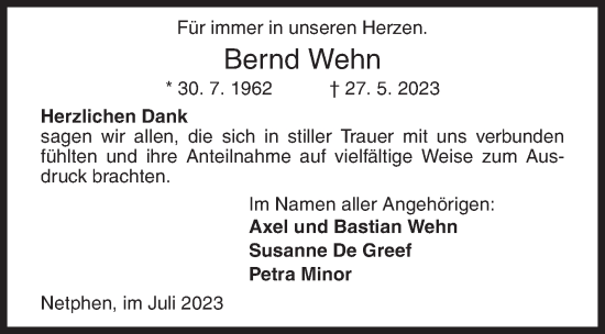 Traueranzeige von Bernd Wehn von Siegener Zeitung